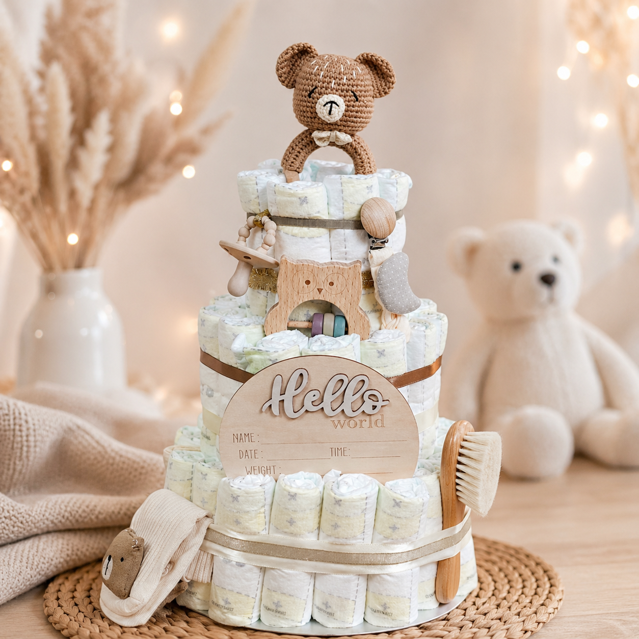 Windeltorte Hello World - Unisex Windeltorte mir vielen nützlichen Baby-Produkten
