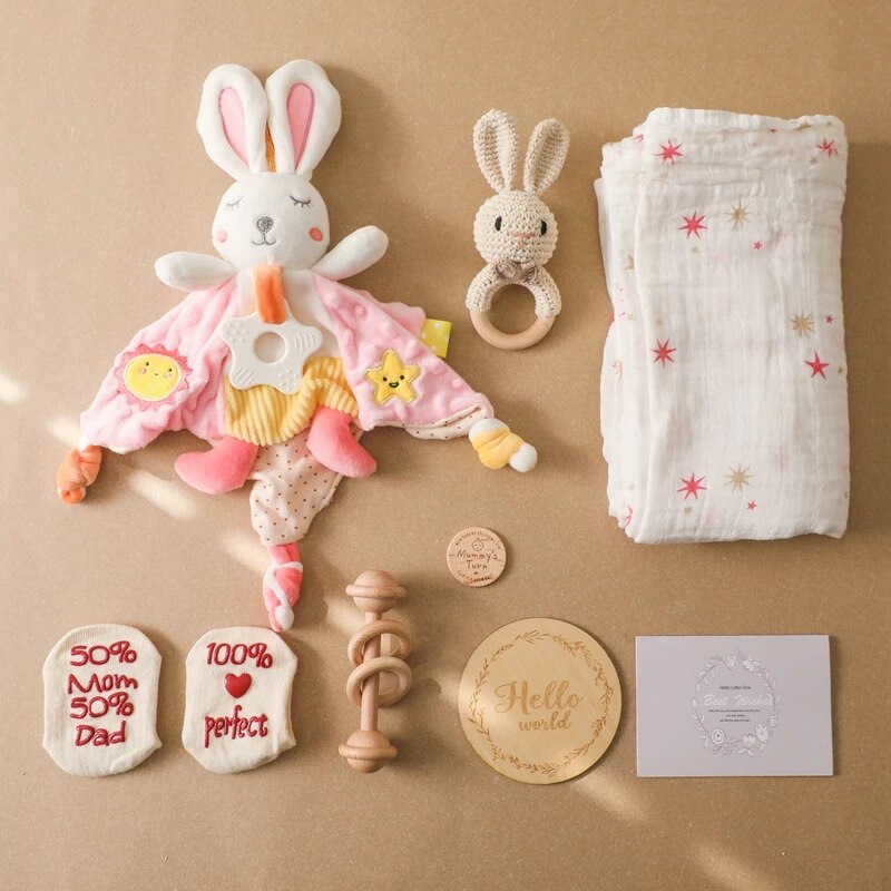 Eine flache Lage von Babyartikeln aus dem Hello World Anna Baby Geschenk zur Geburt - mit Hasenplüsch, Stern-Musselin-Tuch, Meilenstein-Plaketten, Holz- und normalen Rasseln und Nachrichtenkeksen - perfekt für den Familienalltag nach der Geburt.