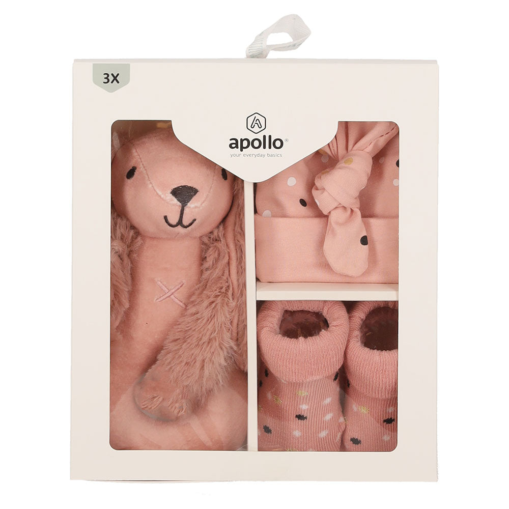 Set regalo Apollo Baby coniglietto con cappello rosa, calzini e sonaglio