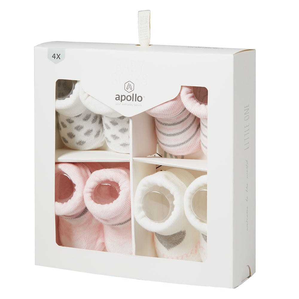 Vue latérale du coffret cadeau Apollo contenant quatre paires de chaussettes bébé roses et blanches
