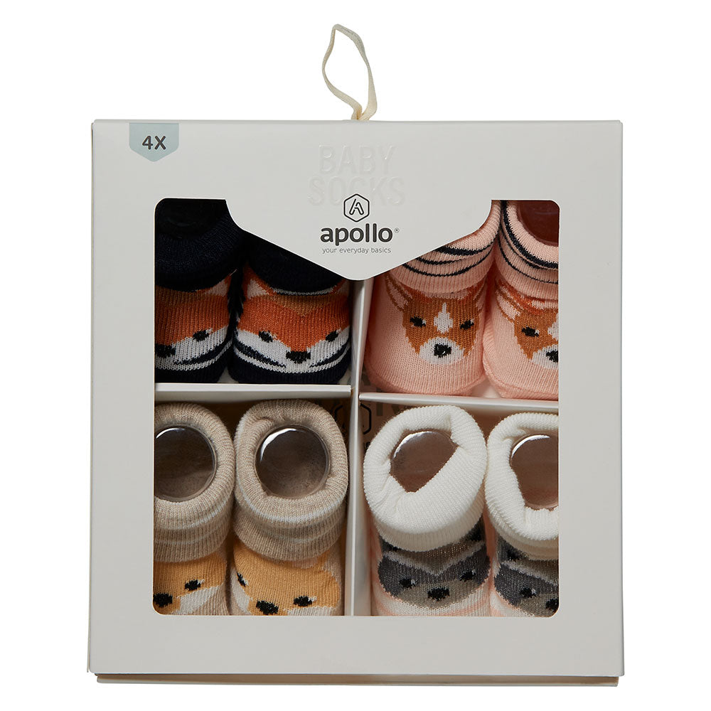 Vier Paar Apollo Babysocken mit Waldtiermotiven in Geschenkbox