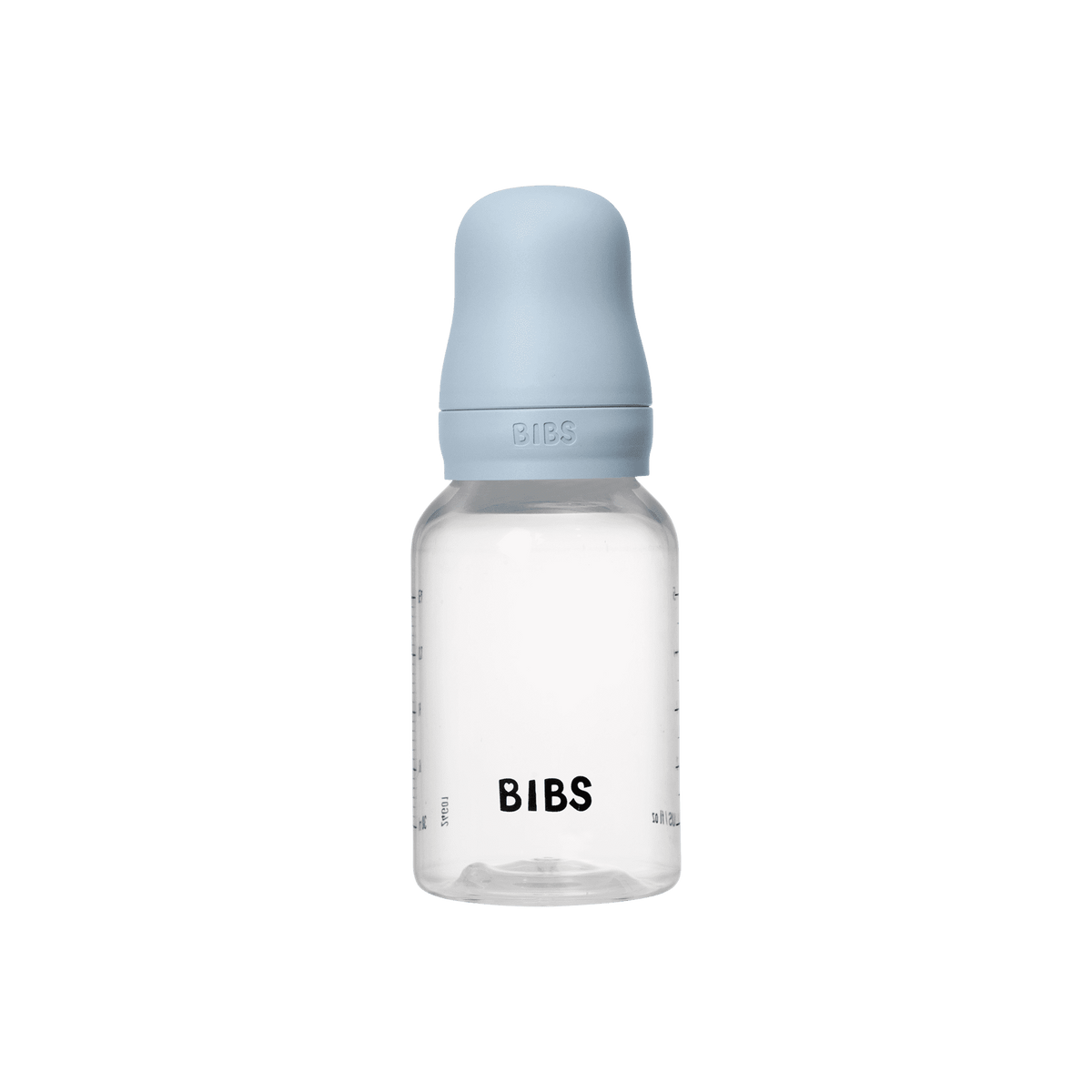 Biberon BIBS 150 ml bleu bébé avec capuchon de protection, tétine en latex naturel et système anti-coliques