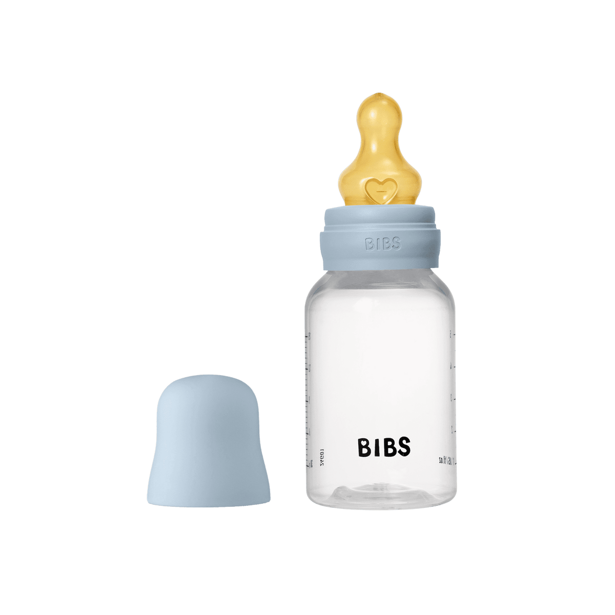Biberon BIBS 150 ml bleu bébé avec tétine en latex naturel, système anti-colique et capuchon de protection assorti