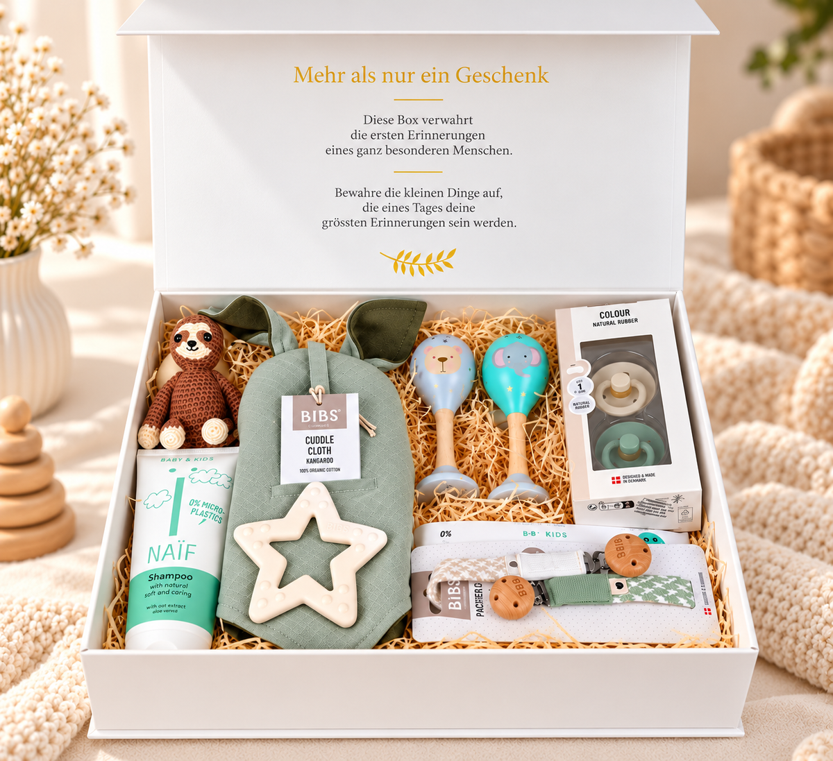 Offene Baby Geschenkbox Marco mit BIBS Schmusetuch, Schnullern, Schnullerketten, Beissring, natureZOO Faultier und NAÏF Shampoo
