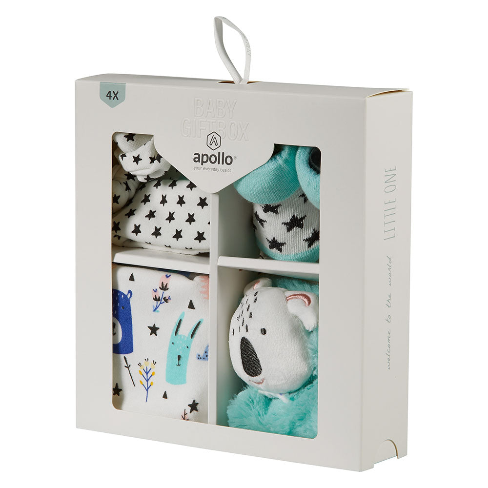 Coffret cadeau bébé 4 pièces Forêt dans un coffret cadeau vu de côté