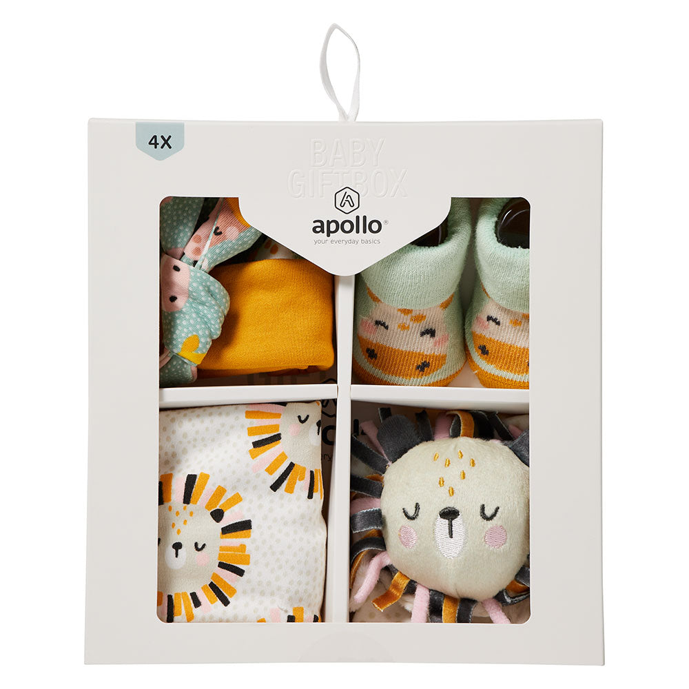 Coffret cadeau Apollo Baby Jungle avec bavoir, bonnet, chaussettes bébé et doudou dans un coffret cadeau