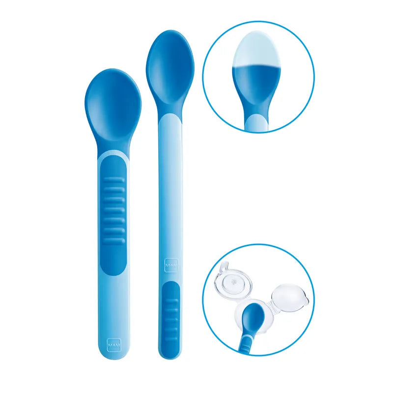 Baby learning spoon set blue with heat indicator, non-slip handle and hygienic protective cover for on the go