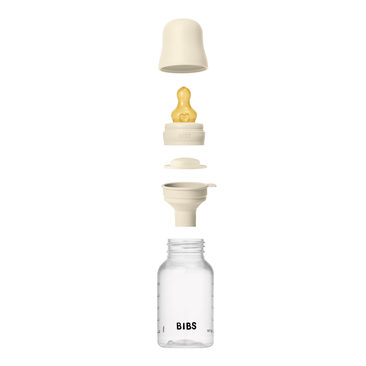Exploded view of baby bottle 150 ml cream with protective cap, natural latex teat, anti-colic system, funnel and bottle