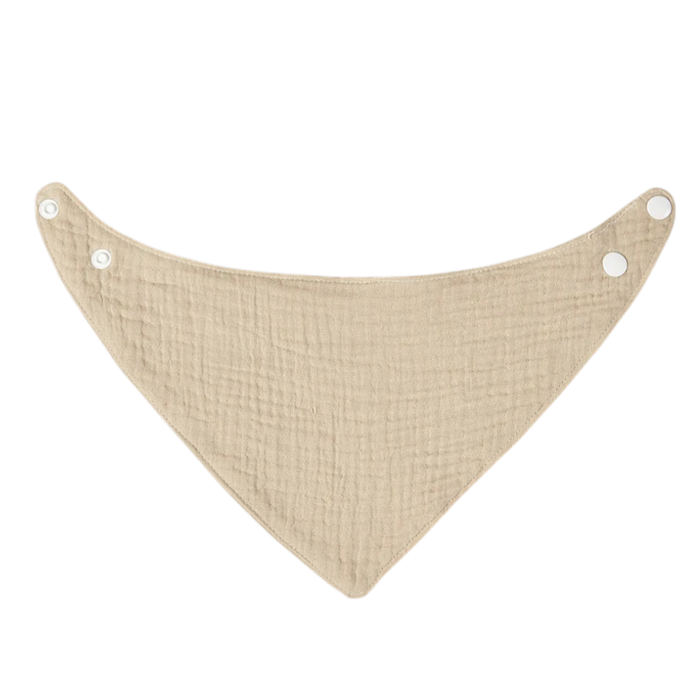 The Hello World Khaki Cotton Bib is a khaki triangular baby bib with three metal snaps at the top, shown on a plain white background.