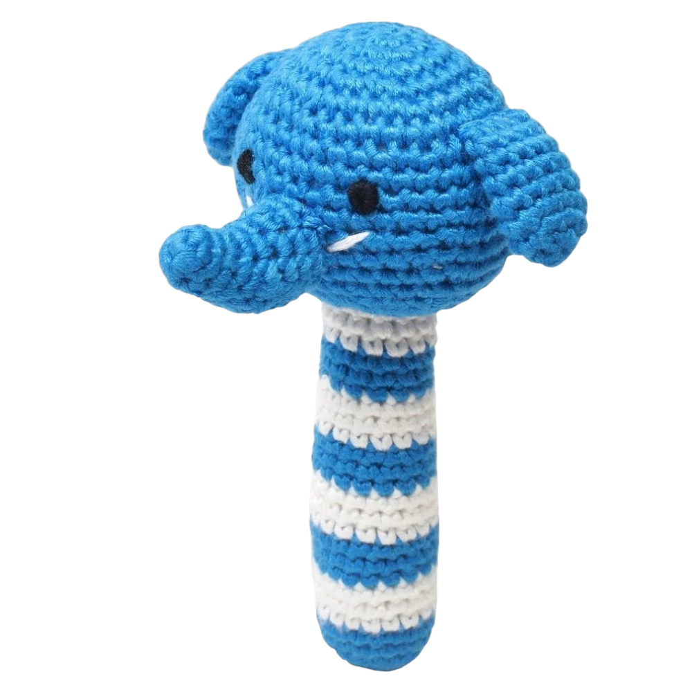 Hand-crocheted baby rattle elephant in blue and white made from soft bamboo yarn for babies from birth.