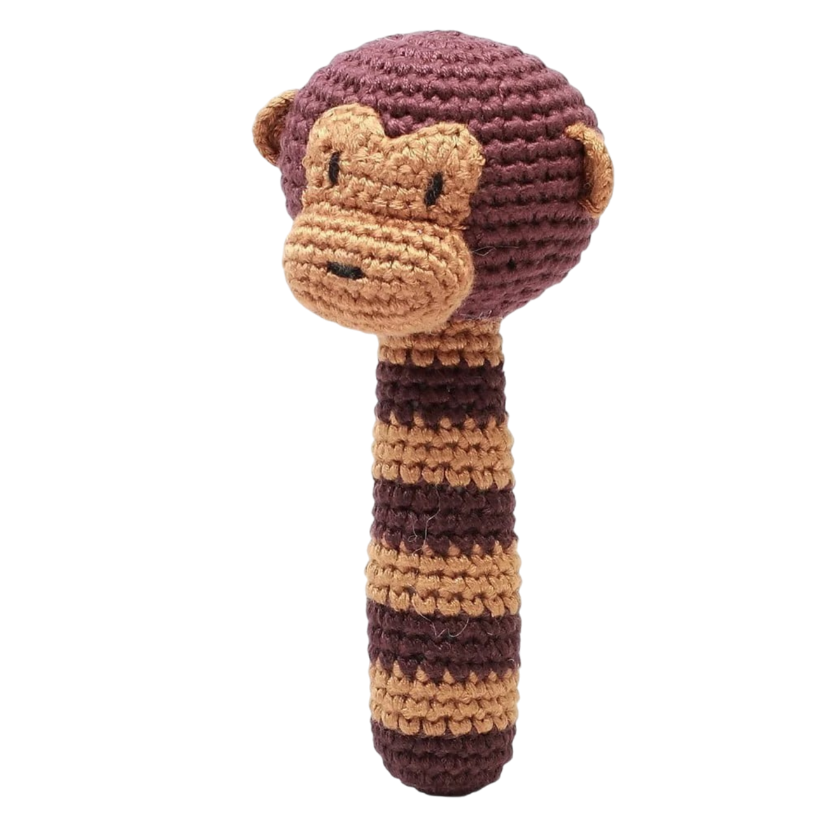 Liebevoll gehäkelte Babyrassel Affe „Mr. Monkey“ mit braunem Streifenmuster aus weichem Bambusgarn für Babys ab Geburt.