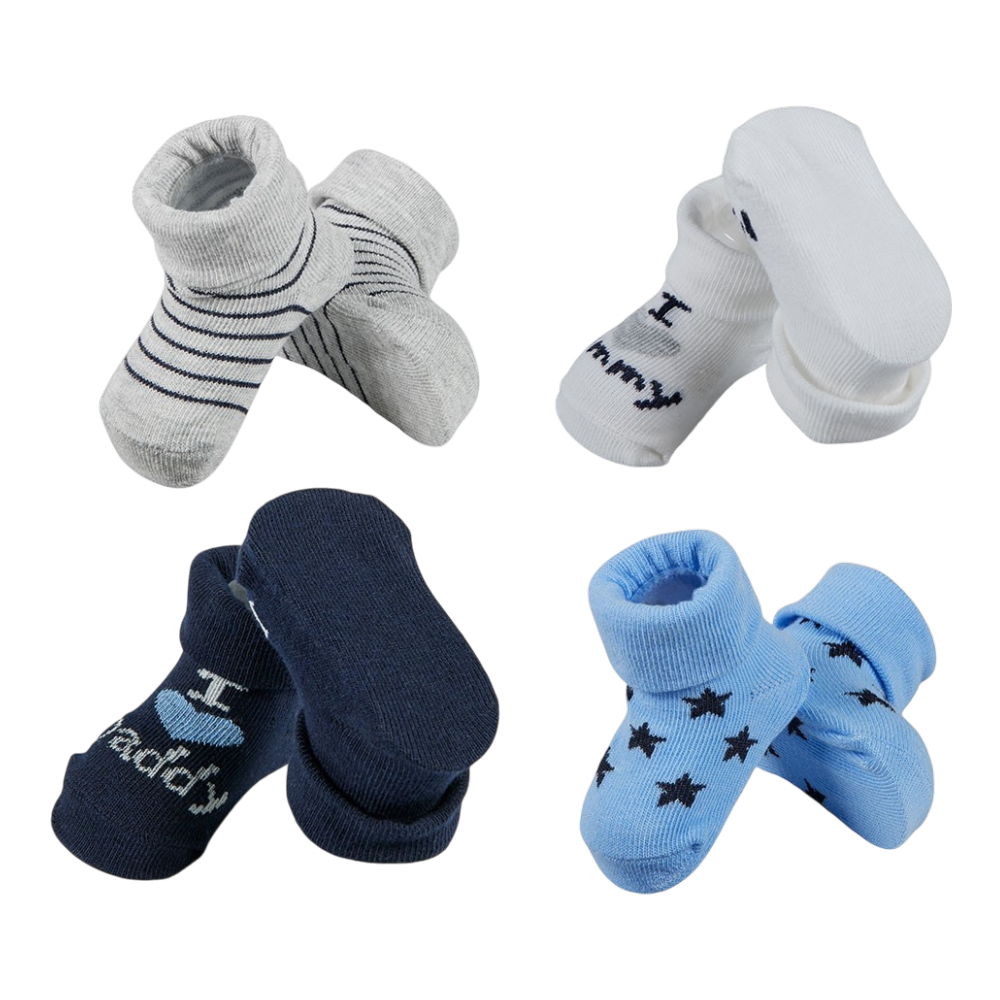 Vier Paar Apollo Babysocken mit Mommy Daddy Sternen und Streifen
