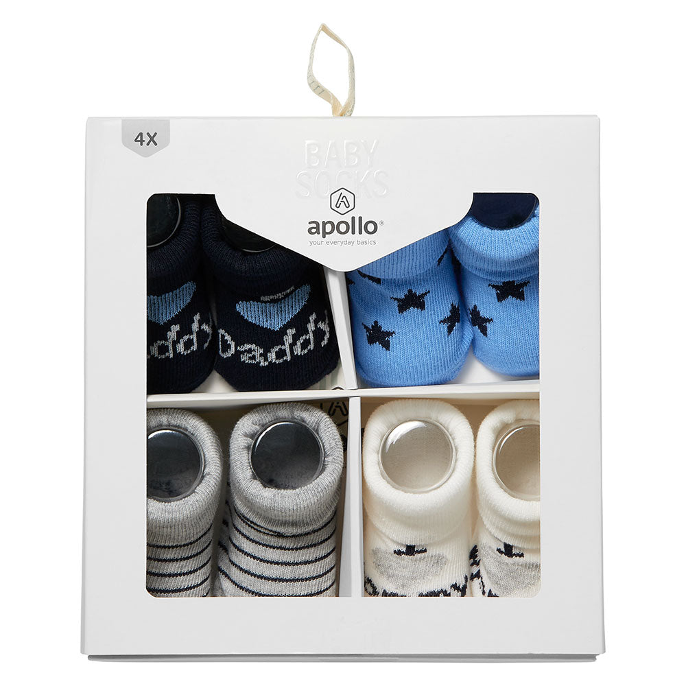 Babysocken 4er-Set von Apollo in Geschenkbox mit vier verschiedenen Designs