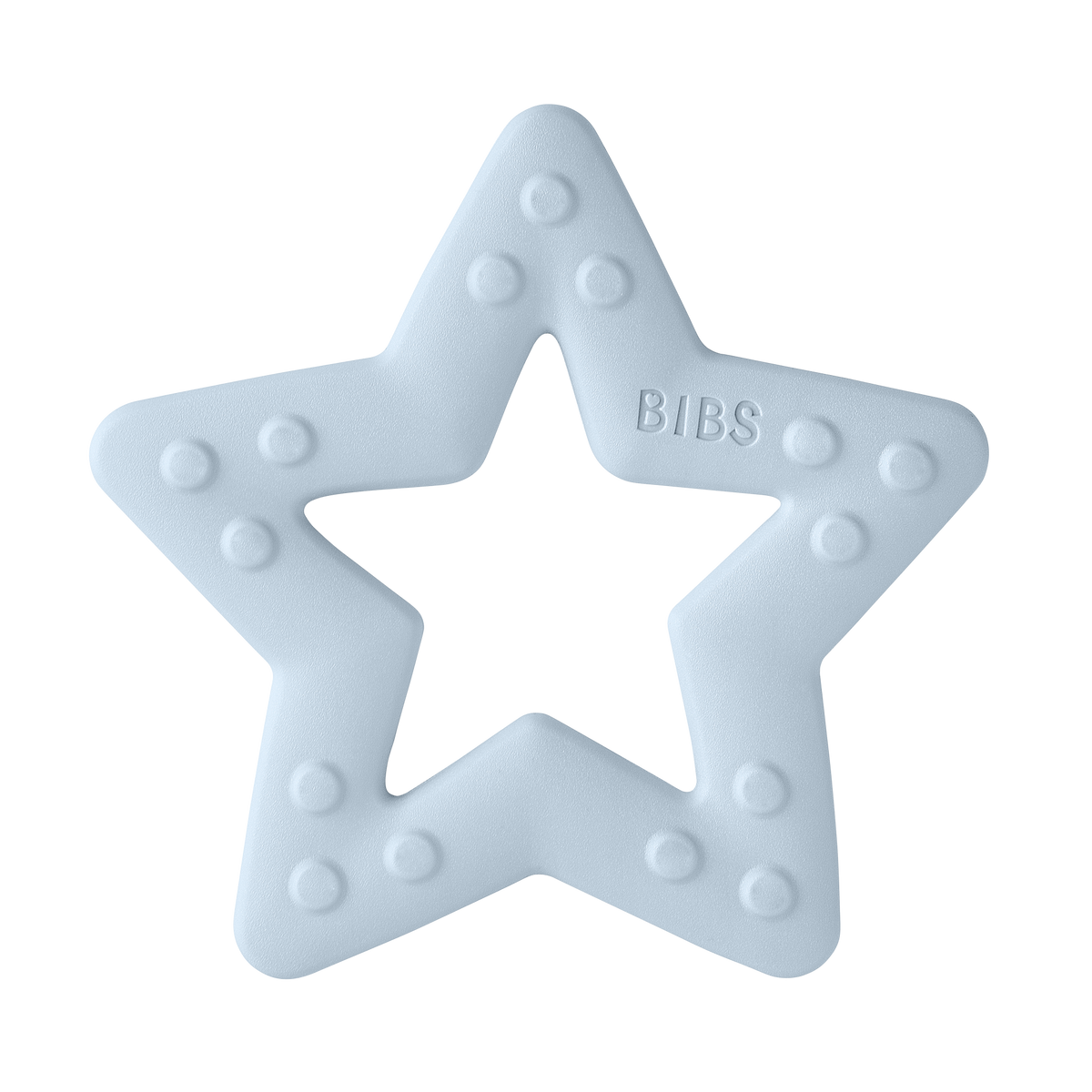 Star-shaped teething ring in light blue made of food-safe TPU for the teething phase of babies