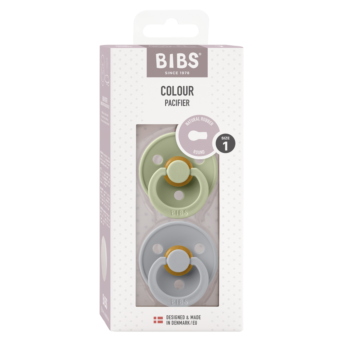 Packaging of the Color pacifier pack of 2 in sage green and light gray with a round teat made of natural rubber latex