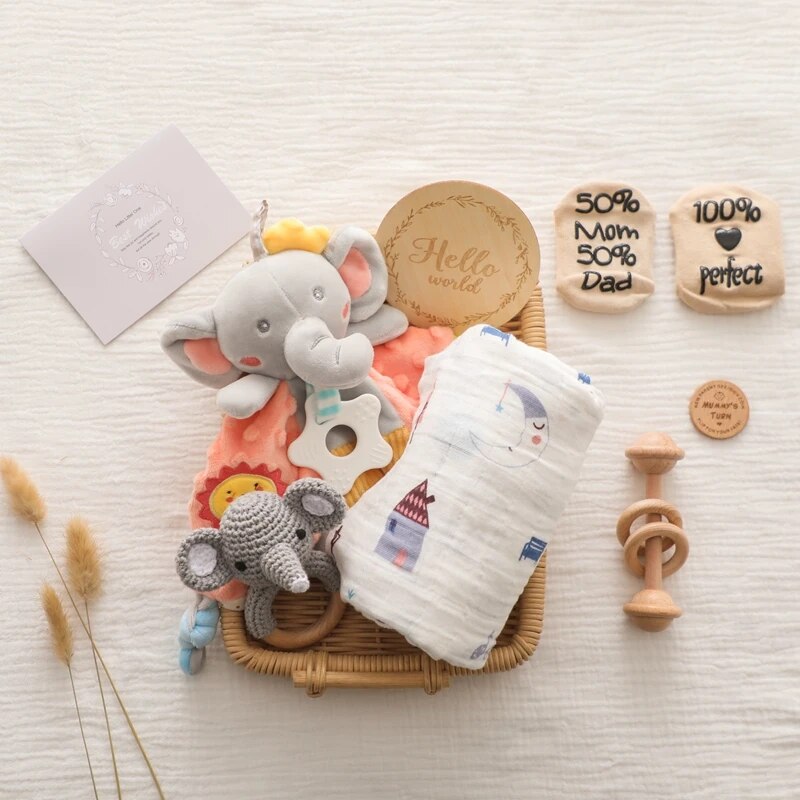 Das Cyrill Baby Geschenk zur Geburt von Hello World besteht aus einem Weidenkorb mit einem Plüschelefanten, einem Löwenspielzeug, einer Windel mit Bärendruck, einer Grußkarte, gravierten Holzschildern und einer Entscheidungs-Münze - perfekt für Neugeborene.