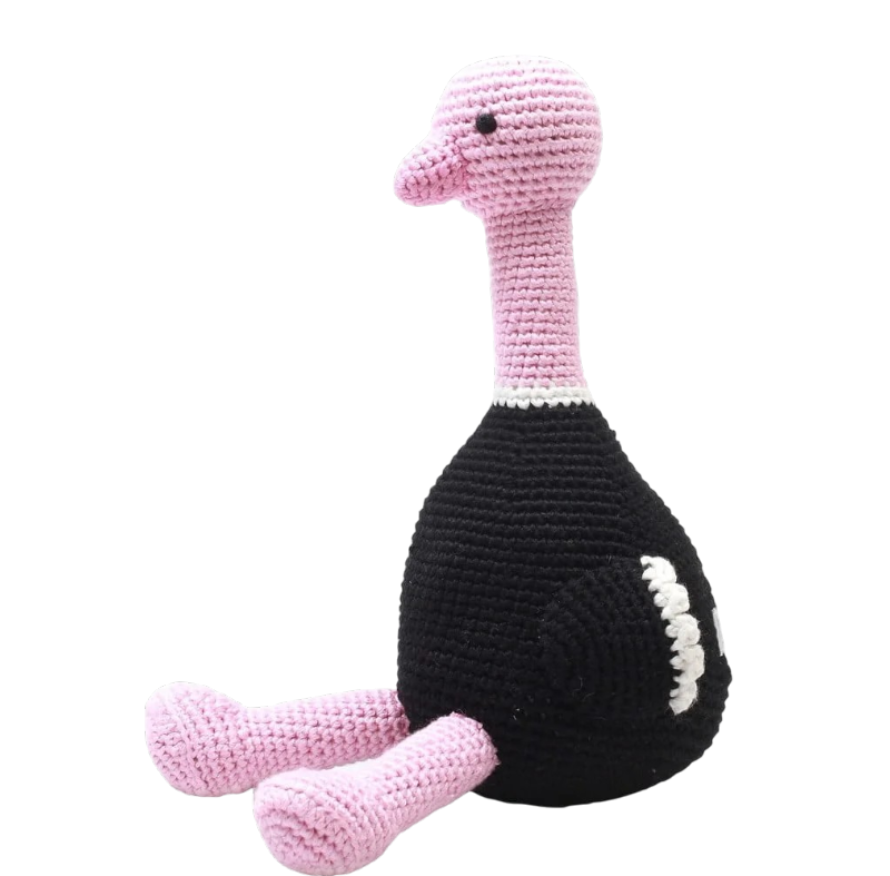Crocheted ostrich plush toy in pink and black made from Oeko-Tex certified bamboo yarn for babies