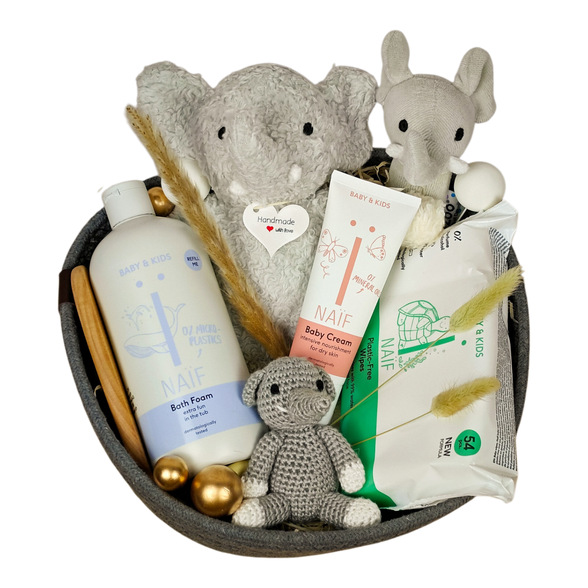 Baby Geschenkkorb Luan in Grau mit Elefanten, NAÏF Badeschaum, Babycreme, Feuchttüchern und Babykamm