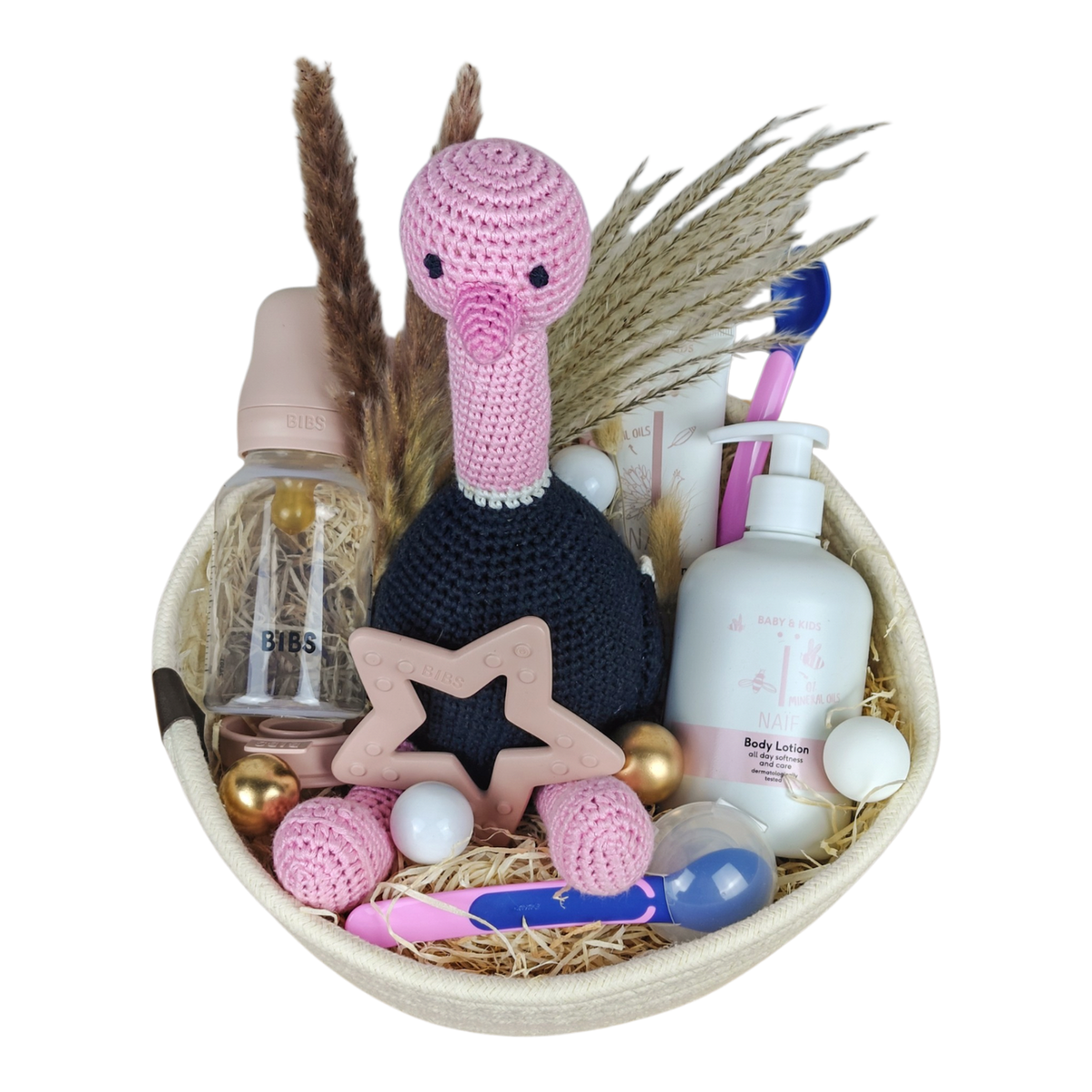 Baby gift basket Tavi for girls with natureZOO bouquet, BIBS baby bottle, rose-colored teething ring, learning spoon set and NAÏF care products