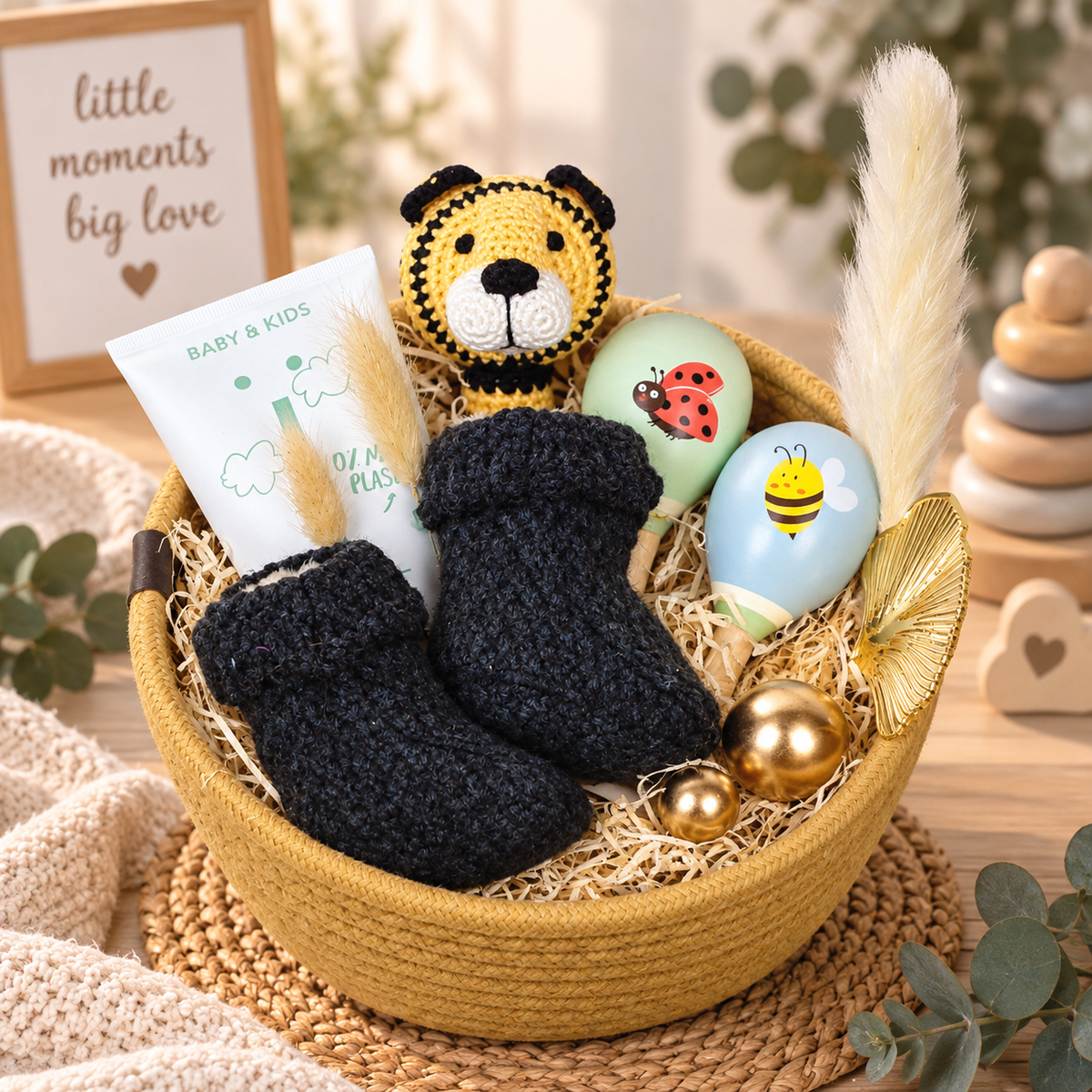 Geschenkkorb Tim als liebevoll gestaltetes Babygeschenk mit gehäkeltem Tiger, dunklen Babyschuhen, NAÏF Babypflege, Holzrasseln und dekorativen Naturdetails in Gelb, Blau und Schwarz.