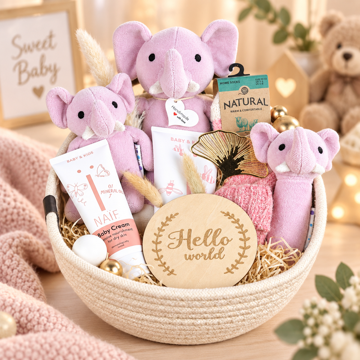 Panier cadeau pour bébé conçu avec amour avec des éléphants roses, des soins NAÏF, des chaussettes et une pancarte décorative en bois « Hello world ».