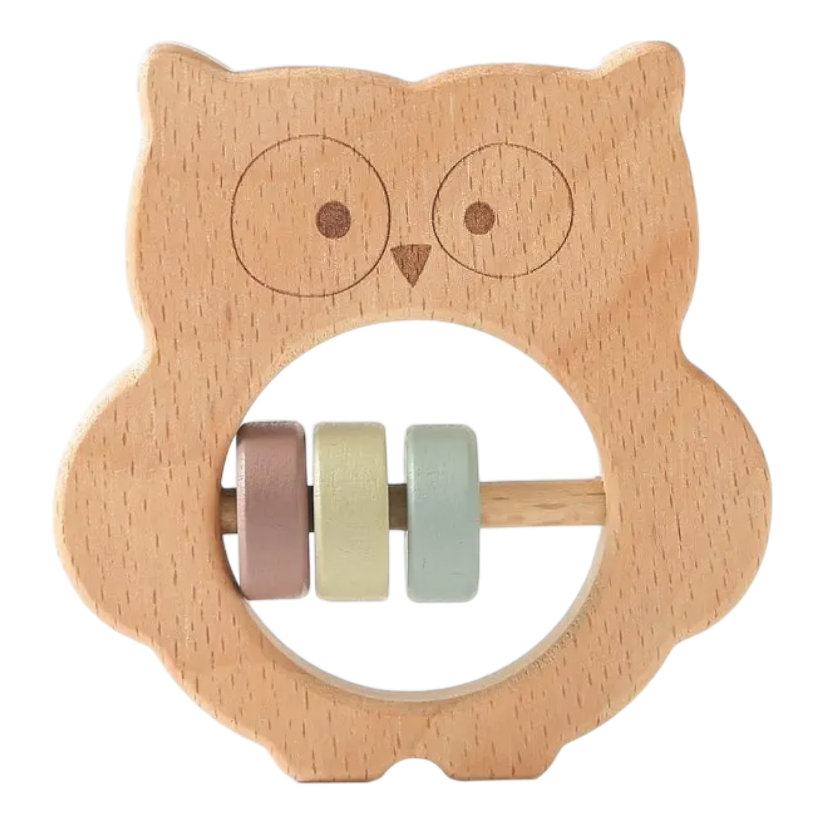 Greifling Eule aus Holz mit beweglichen Holzringen aus unbehandeltem Buchenholz und Mangoholz