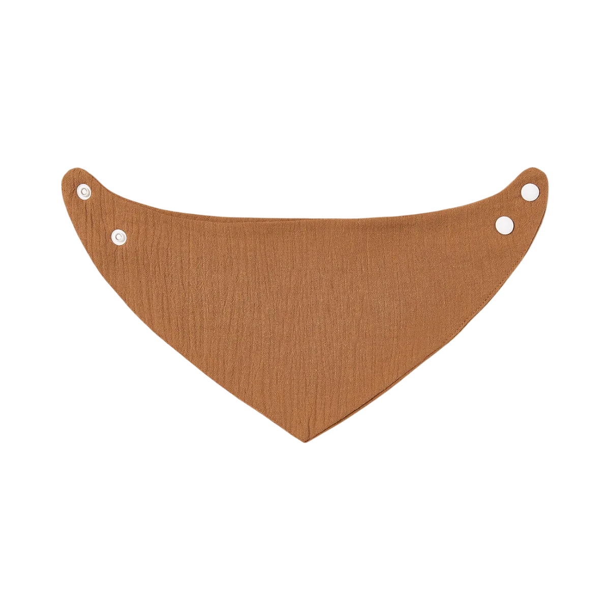 Il bavaglino in cotone marrone chiaro Hello World è un bavaglino triangolare marrone con tre bottoni a pressione su ciascuna estremità, mostrato piatto su uno sfondo bianco.