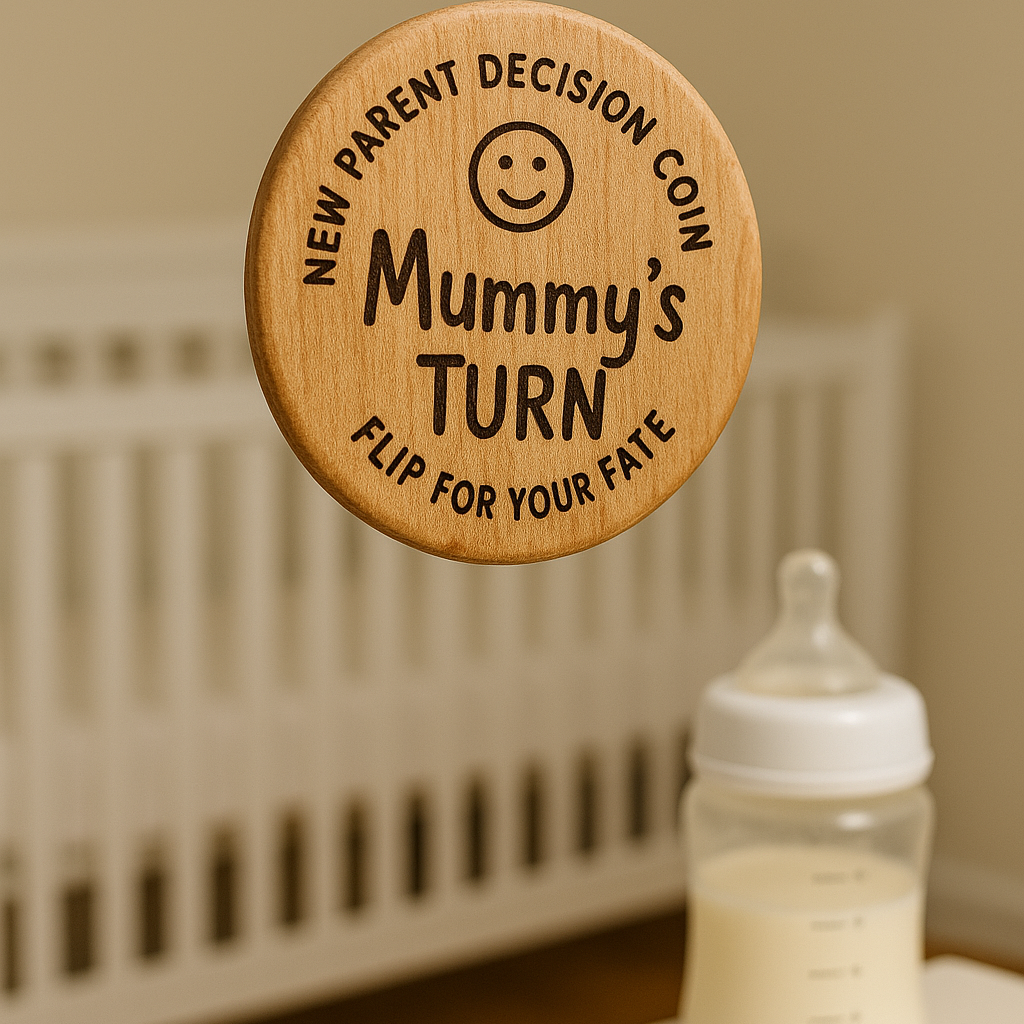 Die Entscheidungsmünze (3,5x3,5cm) von Hello World, graviert mit "New parent decision coin" und "Mummys turn. Flip for your fate", steht neben einem weißen Tisch mit Babyflasche und Kinderbett - ideal für den Familienalltag.