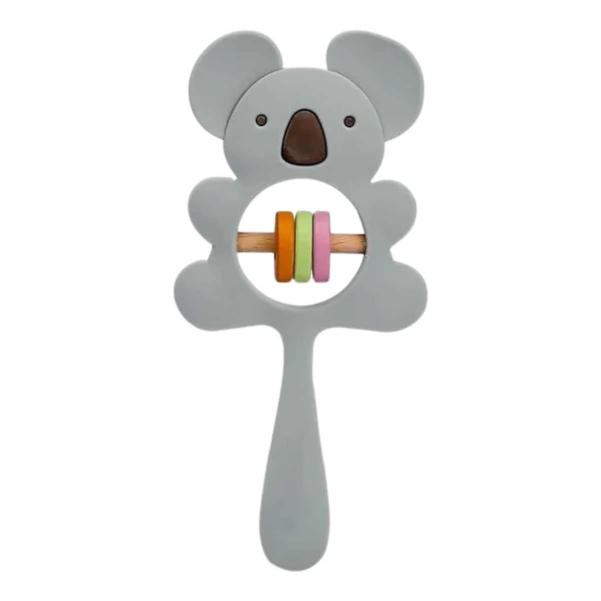 Der "Koala Grau aus Silikon" von Hello World ist eine graue Koala-Baby-Rassel mit Griff und drei bunten Ringen (orange, grün, pink) auf einer Holzstange. Aus lebensmittelechtem Silikon, 7x15cm groß, für sicheres Spielen.