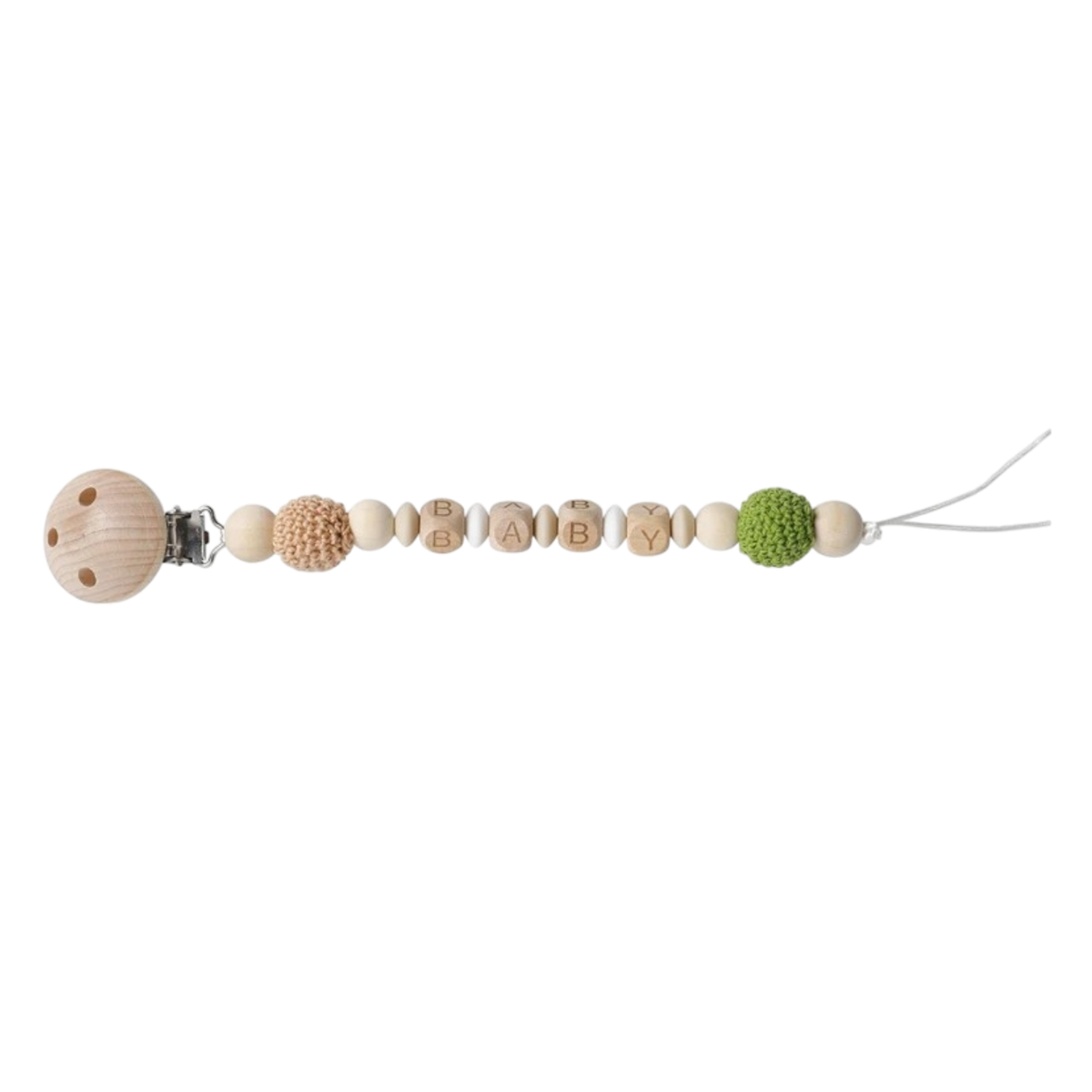 Die Hello World Schnullerkette mit Aufschrift "Baby" in Grün (22x3,5cm) kombiniert Holz- und Häkelperlen sowie Buchstabenperlen. Der Metallclip und die Schlaufe bieten einen sicheren Halt am Schnuller.