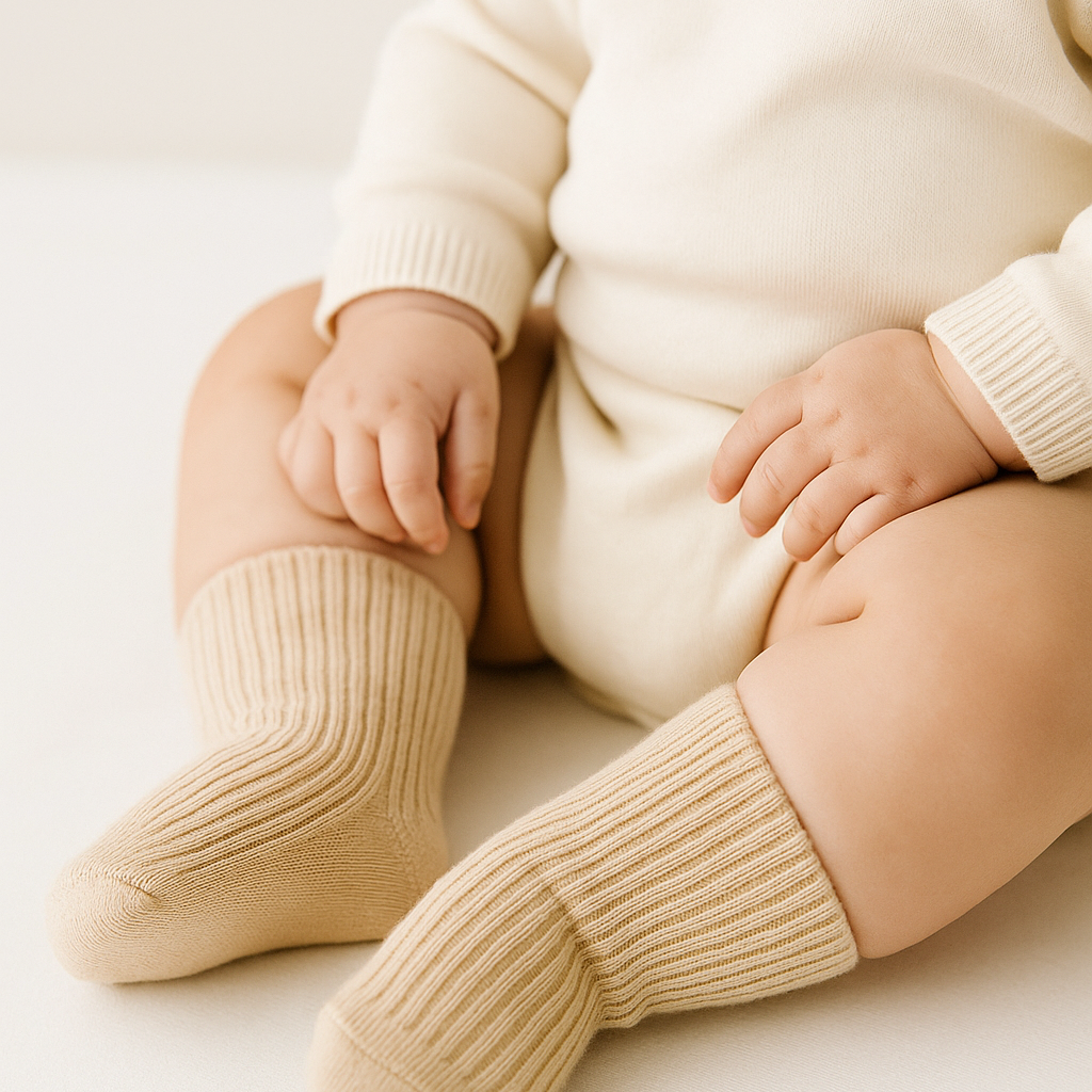 Ein Baby trägt einen cremefarbenen langärmeligen Strampler und Hello World Socken 100% Perfect - Schwarz (Sohle: 7x10cm, 6-12 Monate), sitzt auf einer weichen Unterlage und hat die Hände auf den Schoß gelegt; nur der Unterkörper ist abgebildet.