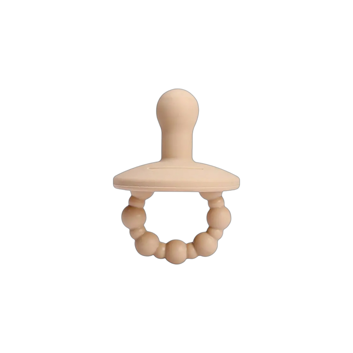 Das Hello World Windelgeschenk Dreirad (44x30cm) besteht aus einem beigen Silikonschnuller mit einem abgerundeten Nippel und einem mit Perlen besetzten Griff, der sich ideal für eine Windeltorte eignet und auf einem schlichten weißen Hintergrund abgebildet ist.