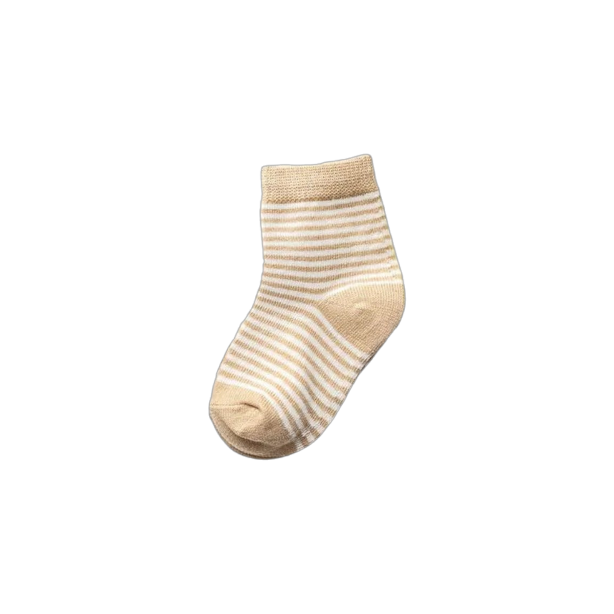 Eine einzelne beige-weiß gestreifte Socke, von oben gesehen auf einem schlichten weißen Hintergrund - ideal als niedliches Accessoire für das Hello World Windelgeschenk Dreirad (44x30cm) Geschenk zur Geburt.