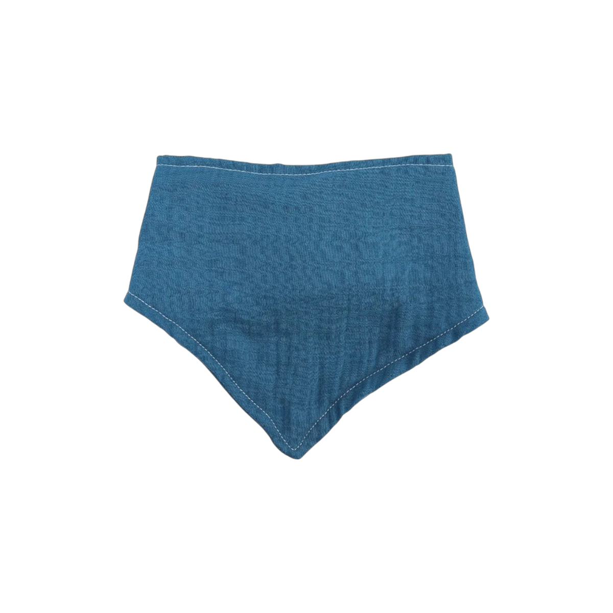 Ein blaues, dreieckiges Stoffbandana von Hello World (Windelgeschenk Teddy 33x35cm) mit sichtbaren Nähten, flach auf weiß gelegt - ideal als Windelgeschenk oder ein entzückendes Geschenk zur Geburt.