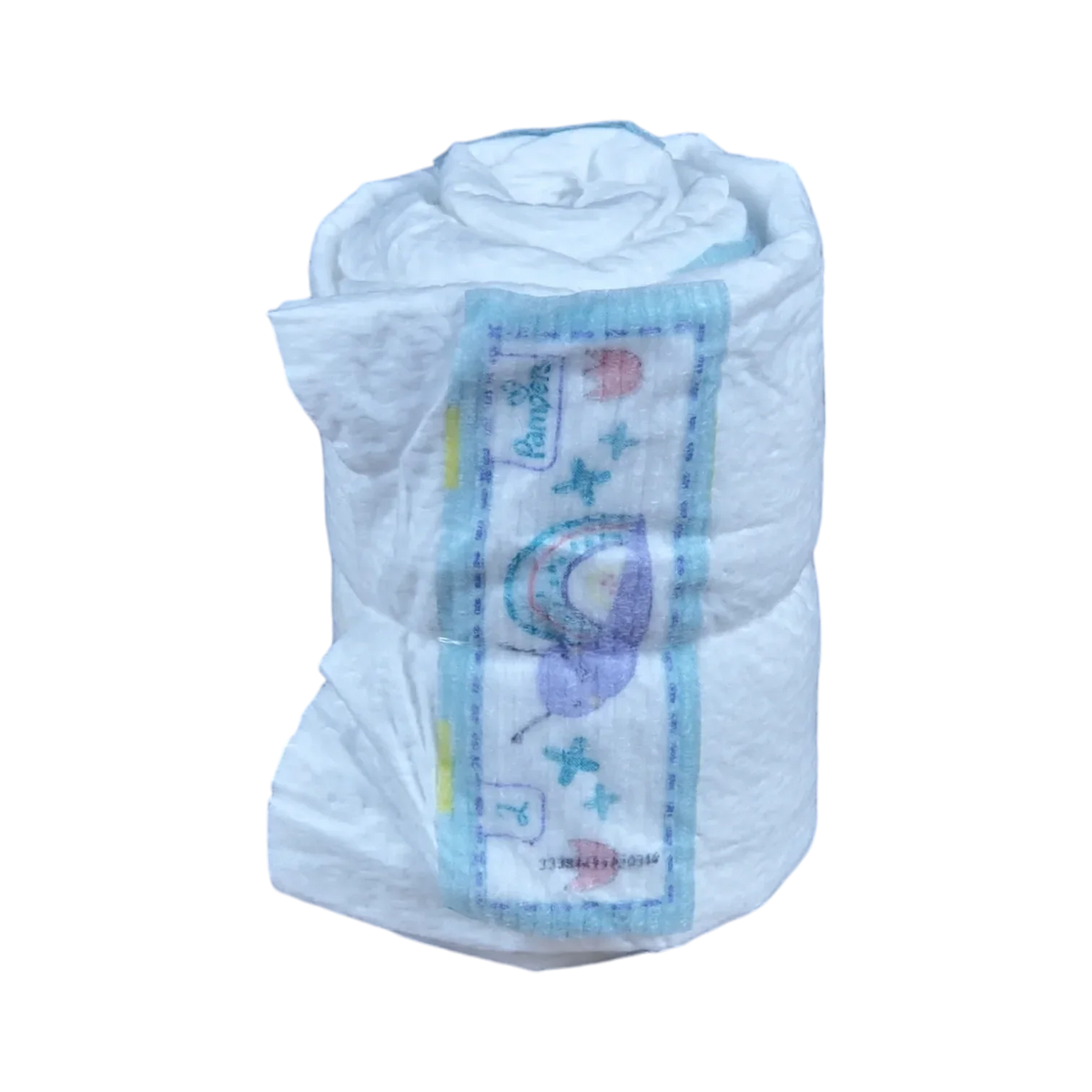 Eine einzelne aufgerollte Einweg-Babywindel aus der Windelrolle 4Stk. von Hello World mit blauem und lila Design, einem lächelnden Cartoon-Gesicht, Sternen und dem Markennamen auf dem vorderen Streifen.