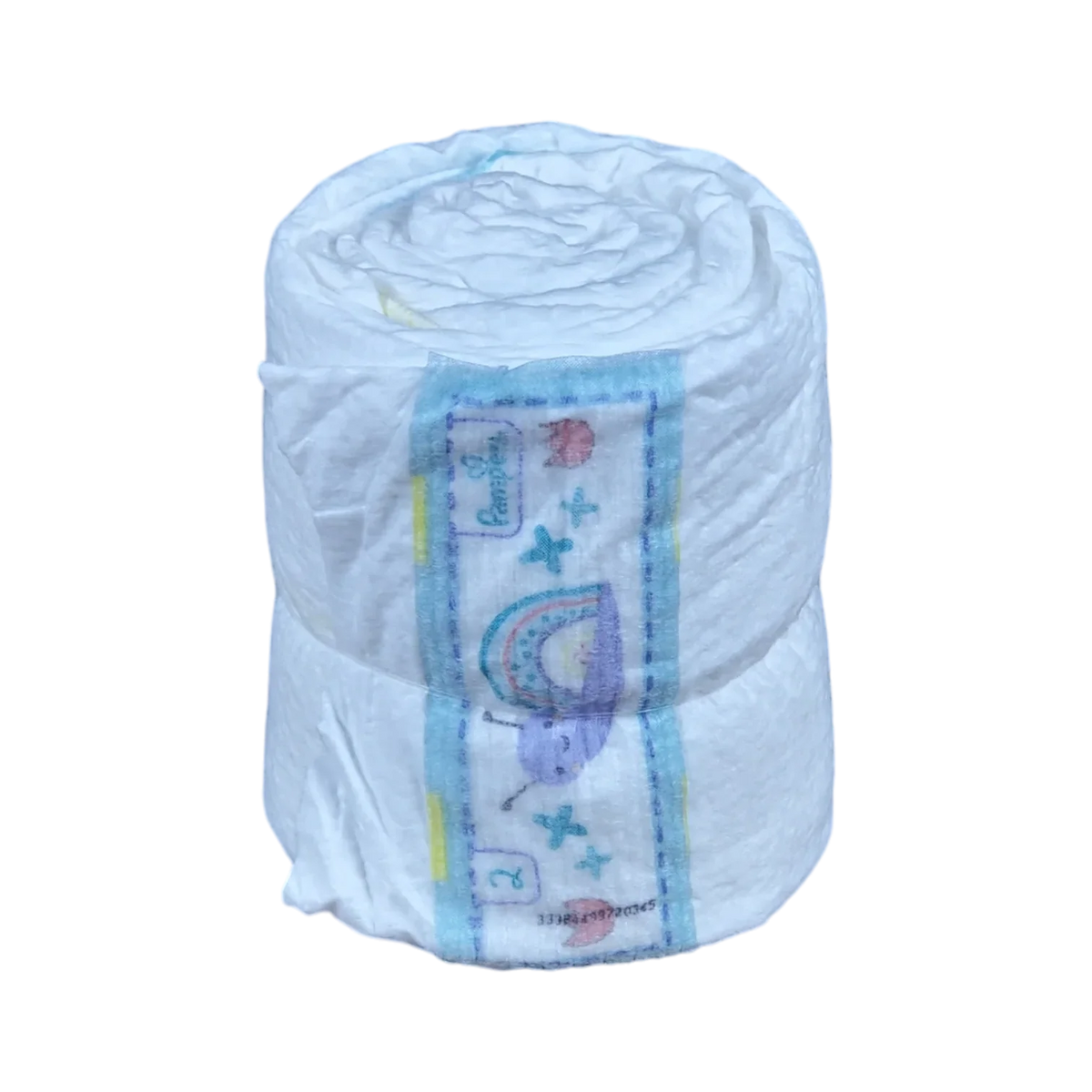 Eine aufgerollte Hello World Windelrolle 5Stk. Einweg-Babywindel mit weißem Hintergrund und bunten Motiven wie Regenbogen, Mond, Sterne und mehrfarbigen Formen auf der Vorderseite.