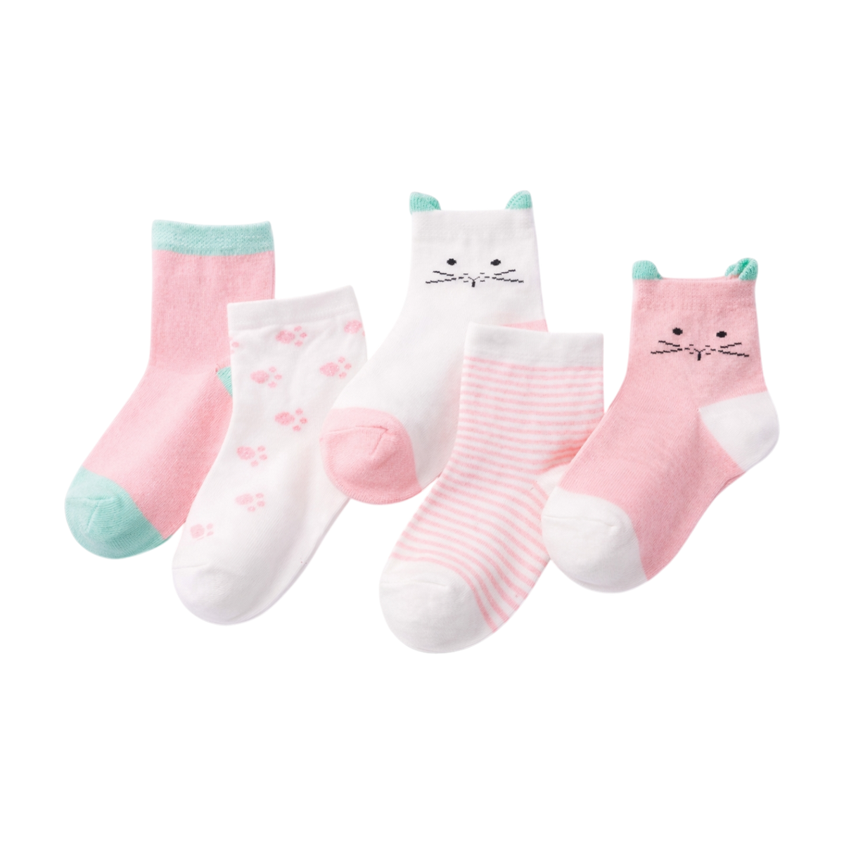 Fünf Paar Hello World Kuschelkörbchen Blütensechslinge in Pastelltönen mit Katzengesichtern, Pfotenabdrücken und Streifen - ideal als Babygeschenk oder für den täglichen Komfort.