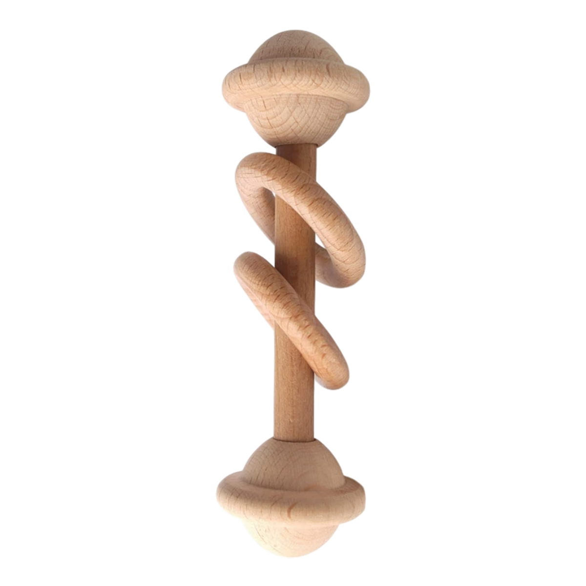 Das Kuschelkörbchen Blütenfünflinge von Hello World ist eine hölzerne Babyrassel aus natürlichen Materialien mit zwei runden Enden und einem Spiralring - ein ideales Geschenk aus hellem Holz für Babys.