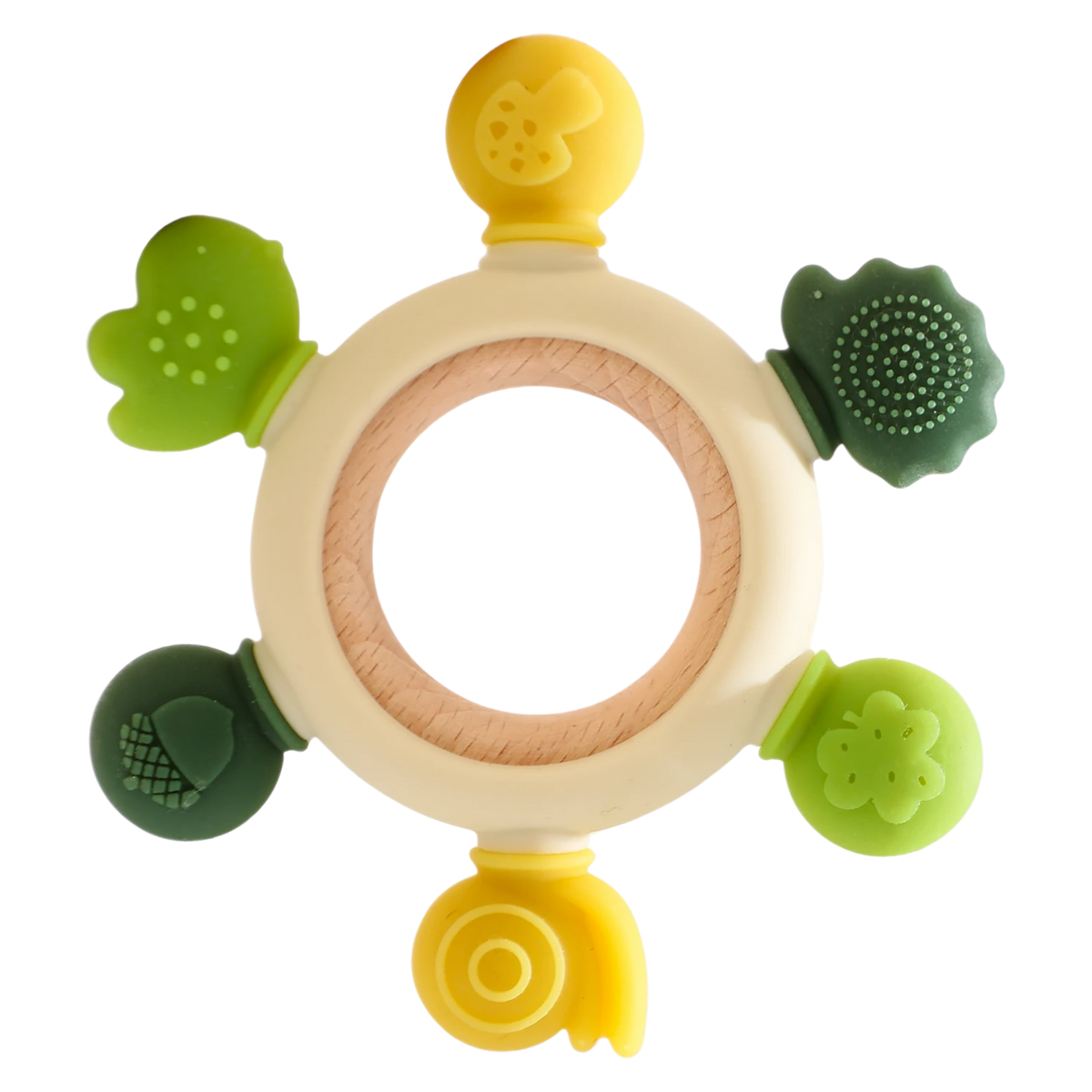 Das Hello World Kuschelkörbchen Sternensechslinge ist ein rundes Baby-Beißspielzeug mit einem hölzernen Kern, fünf strukturierten Silikonformen in gelb und grün-perfekt als Babygeschenk oder für jedes Geschenkset Neugeborene.