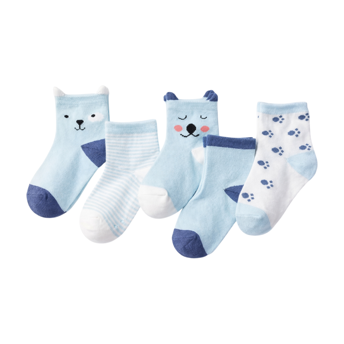 Fünf Paar Babysocken von Hello Worlds Kuschelkörbchen Wolkenfünflinge in Hellblau und Weiß, mit Bärengesichtern, Streifen und Pfotenabdrücken - ideal als Baby Erstausstattung oder Geschenk zur Geburt. Einige haben kontrastierende blaue Fersen und Zehen.