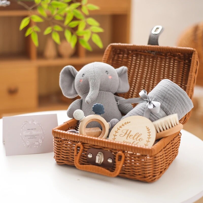 Das Matteo Baby Geschenk zur Geburt von Hello World besteht aus einem grauen Plüschelefanten, einer zusammengerollten grauen Decke, einer Holzbürste, einem Holz-Silikon-Beißring, einem "Hello world"-Schild und einer Grußkarte in einem Weidenkorb auf einem Holztisch.