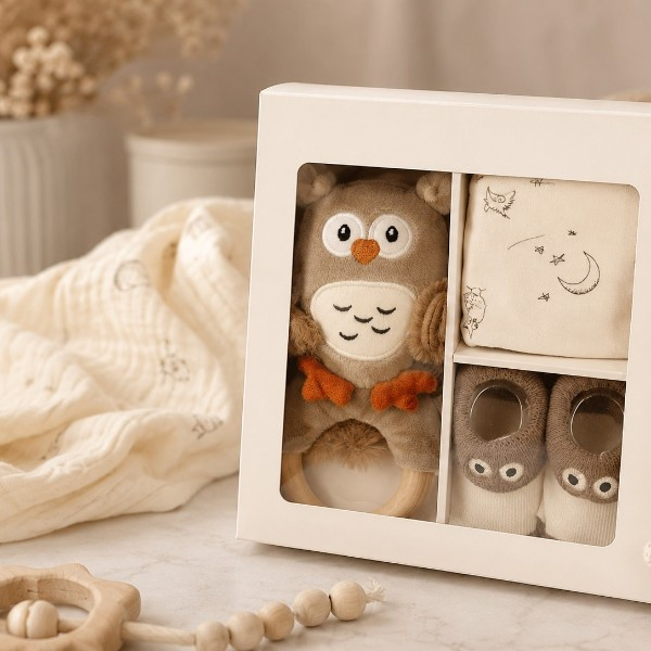 Mini-Geschenkset zur Geburt mit Eulen-Spielzeug, Musselintuch und Babysöckchen in Geschenkbox