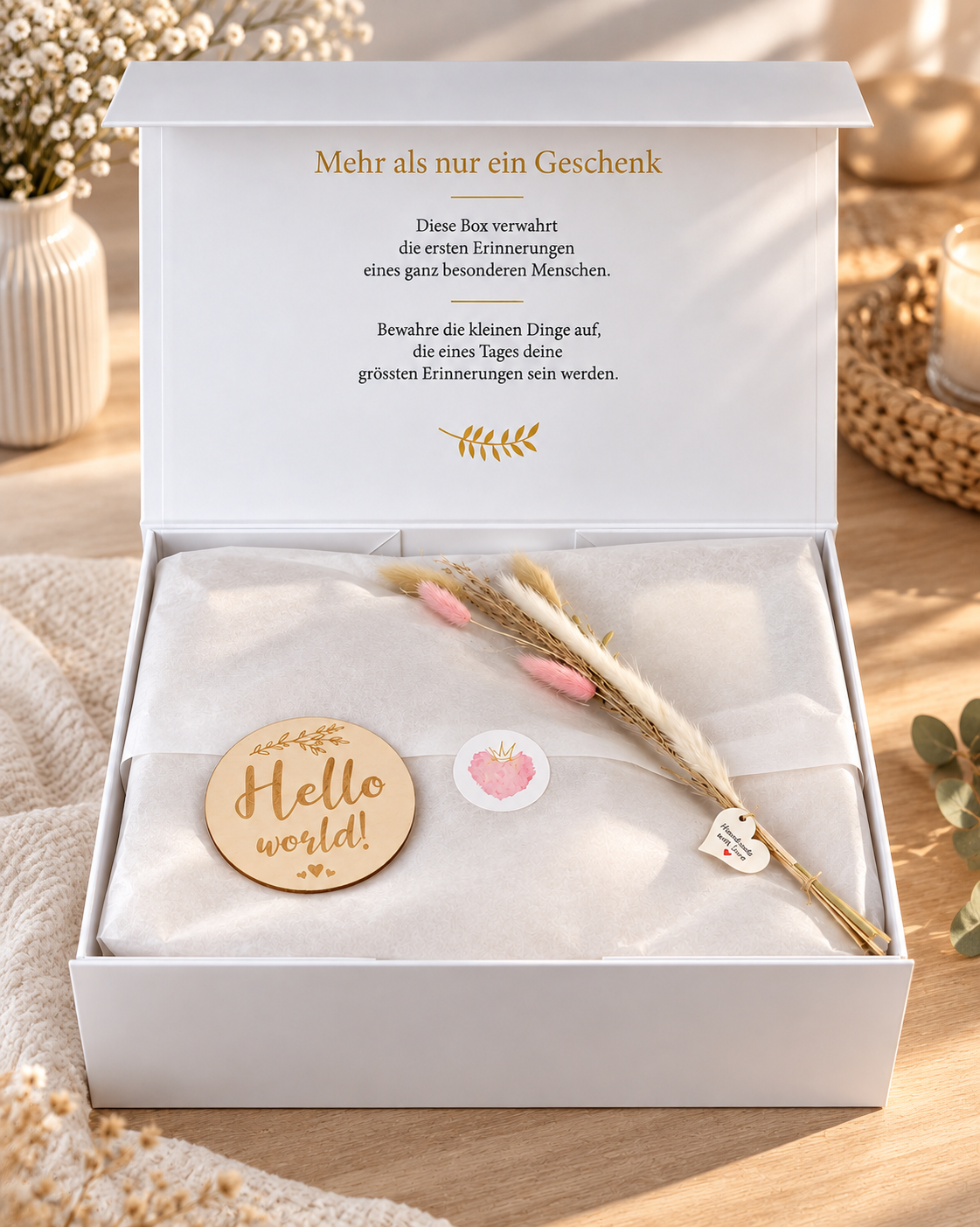 Geöffnete Premium Baby Geschenkbox mit Seidenpapier, Holzschild „Hello world“, Trockenblumen und Erinnerungsbox-Text im Deckel