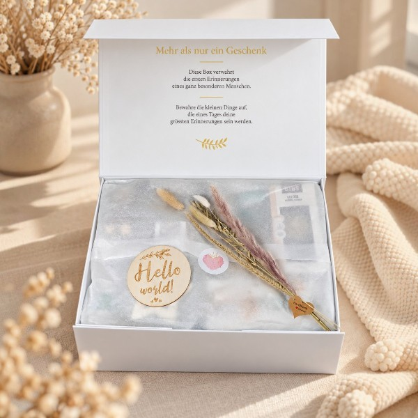 Premium Geschenkbox von Hello World als hochwertiges Babygeschenk zur Geburt