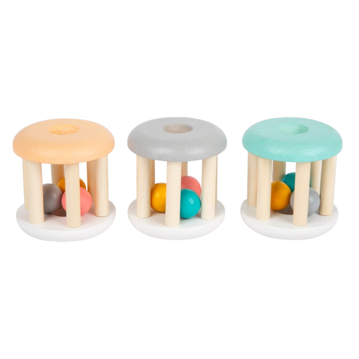 Small Foot Greifspielzeug Pastell 3er Set aus Holz für Babys mit drei Farben und sanften Klängen.
