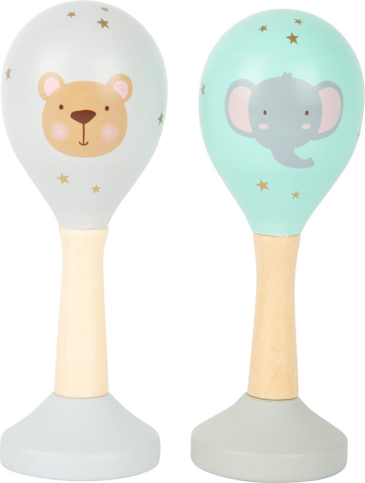 Vista dettagliata dei sonagli Small Foot Maracas pastello in legno con motivi di animali adatti ai bambini.
