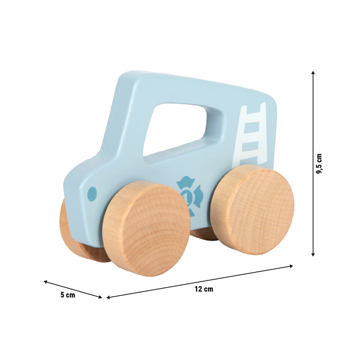 Masse des Small Foot Schiebeautos aus Holz in Blau mit einer Groesse von ca. 12 x 5 x 9.5 cm.