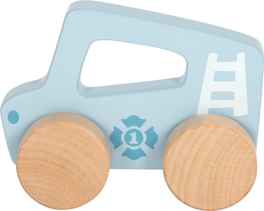 Seitenansicht des Small Foot Schiebeautos aus Holz in Blau mit naturholzfarbenen Raedern.