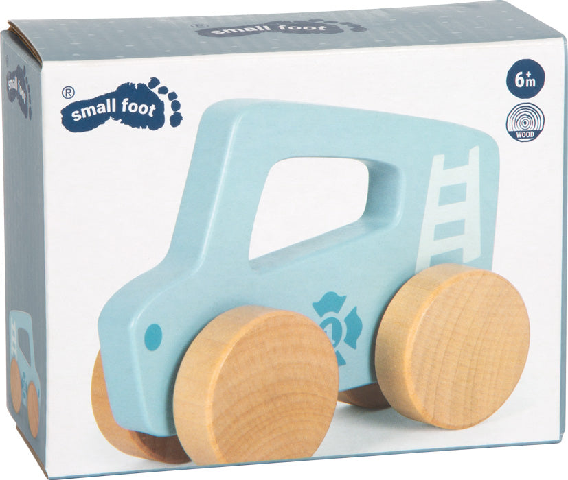 Originalverpackung des Small Foot Schiebeautos aus Holz in Blau.