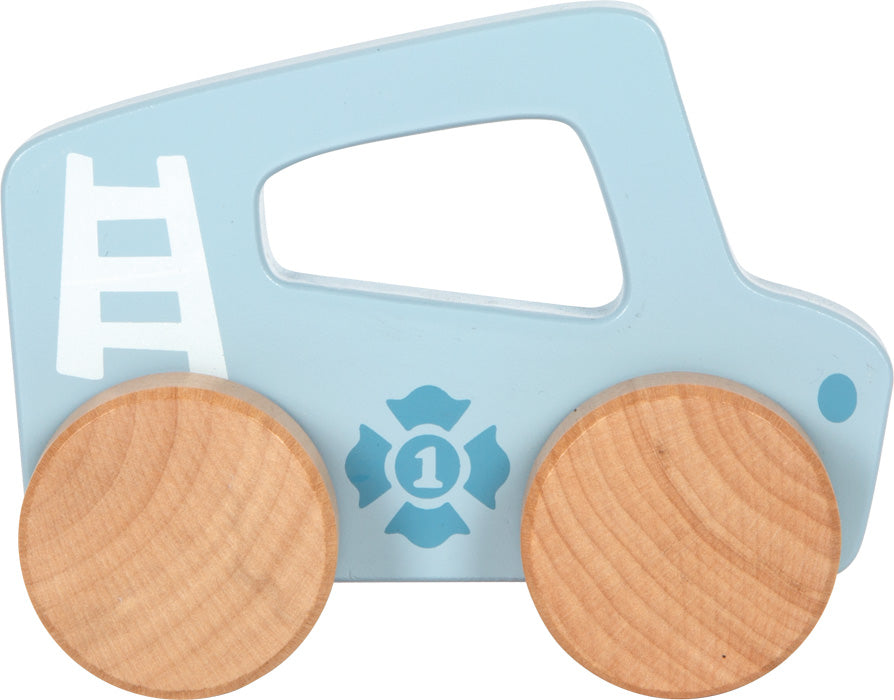 Vorderansicht des Small Foot Schiebeautos aus Holz in Blau mit ergonomischem Griff.